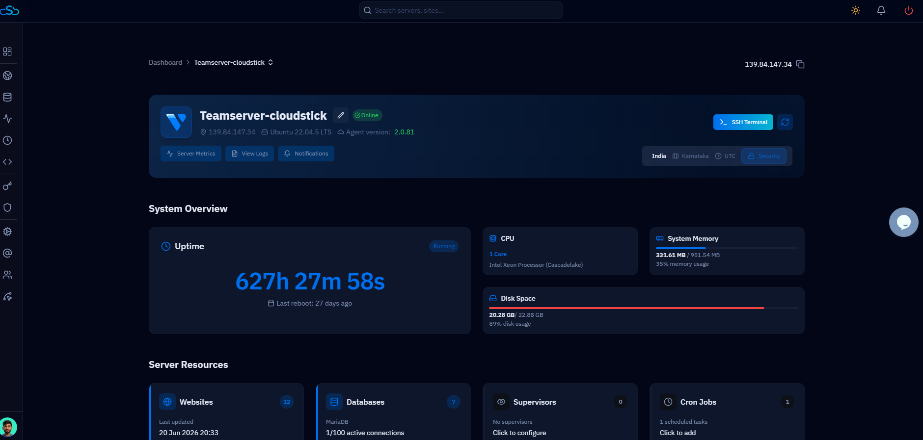 CloudStick server dashboard showing system overview with uptime, CPU, memory, and disk usage