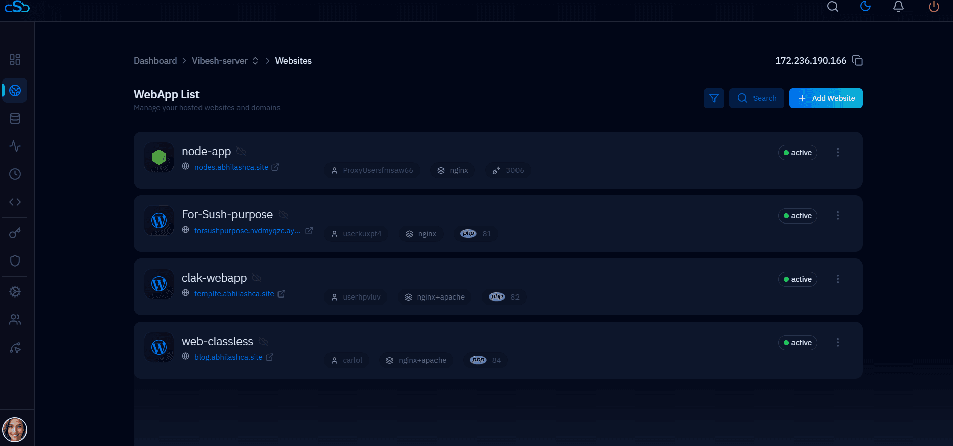CloudStick WebApp List showing WordPress and Node.js applications with their stacks and PHP versions