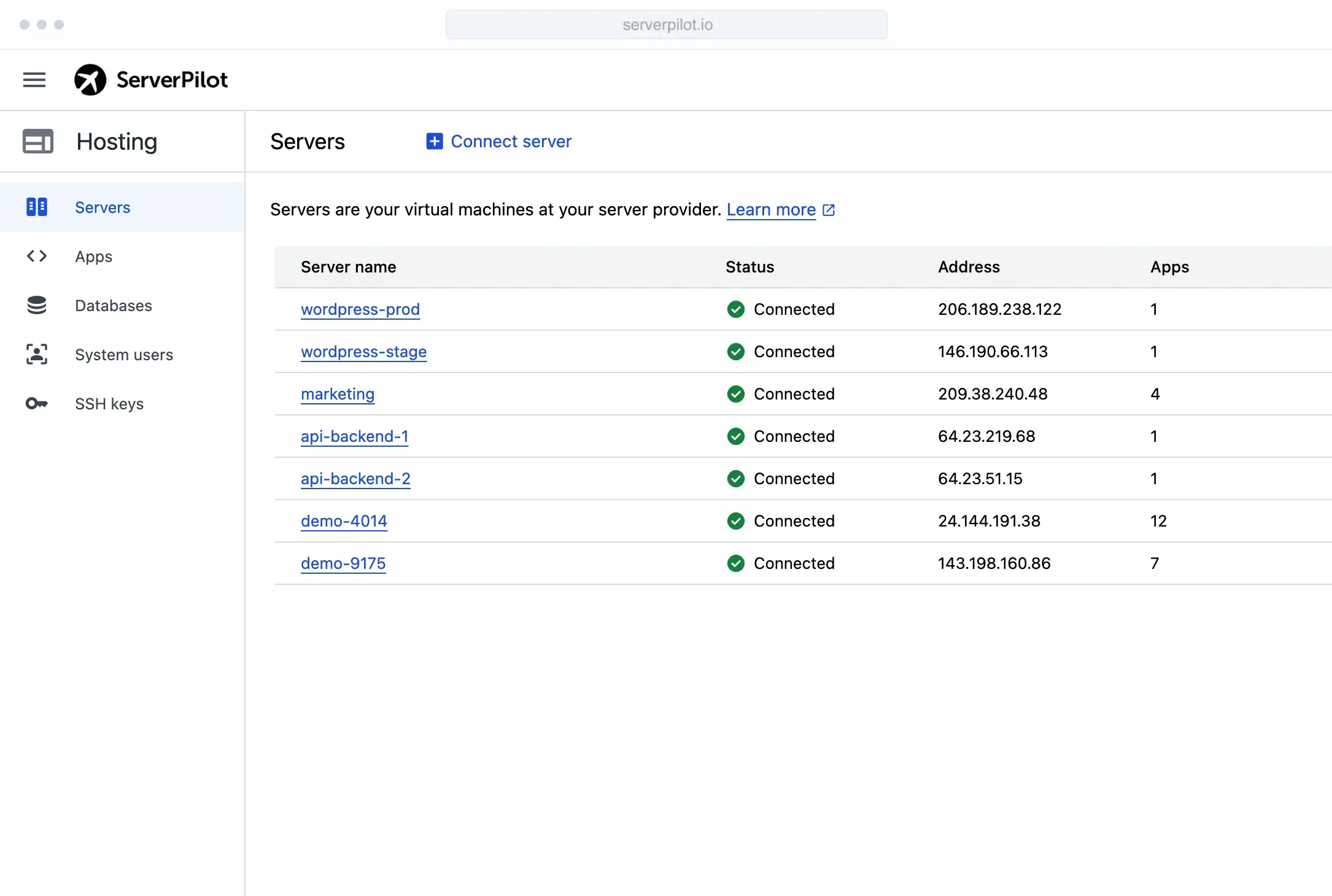 ServerPilot servers list showing connected servers with status and app counts