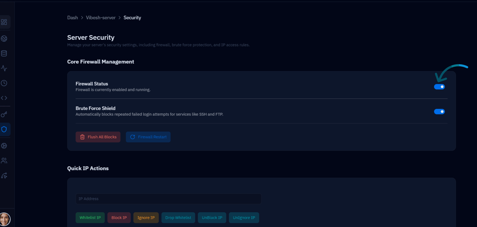 Fig. 01 — Server Security page showing Core Firewall Management with Firewall Status and Brute Force Shield toggles enabled.
