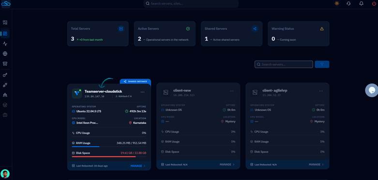 Fig. 01 — CloudStick dashboard showing connected servers. Click Manage on the server that hosts your website.