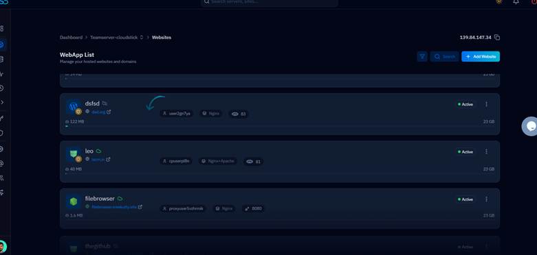 Fig. 03 — WebApp List showing all hosted websites on the server. Click the website name to open its management view.