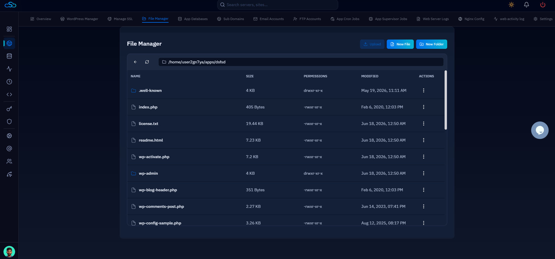 Fig. 04 — File Manager open and displaying the website's root directory with file names, sizes, permissions, and modification dates.