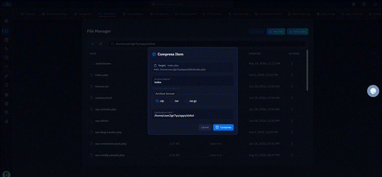 Fig. 06 — Compress Item dialog showing archive name input, format selection (ZIP, TAR, TAR.GZ), and destination path.