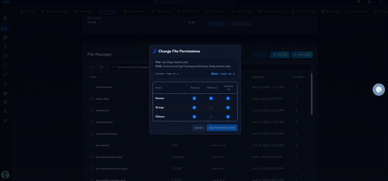 Fig. 07 — Change File Permissions dialog showing read/write/execute checkboxes for Owner, Group, and Others, with current and new permission values displayed.