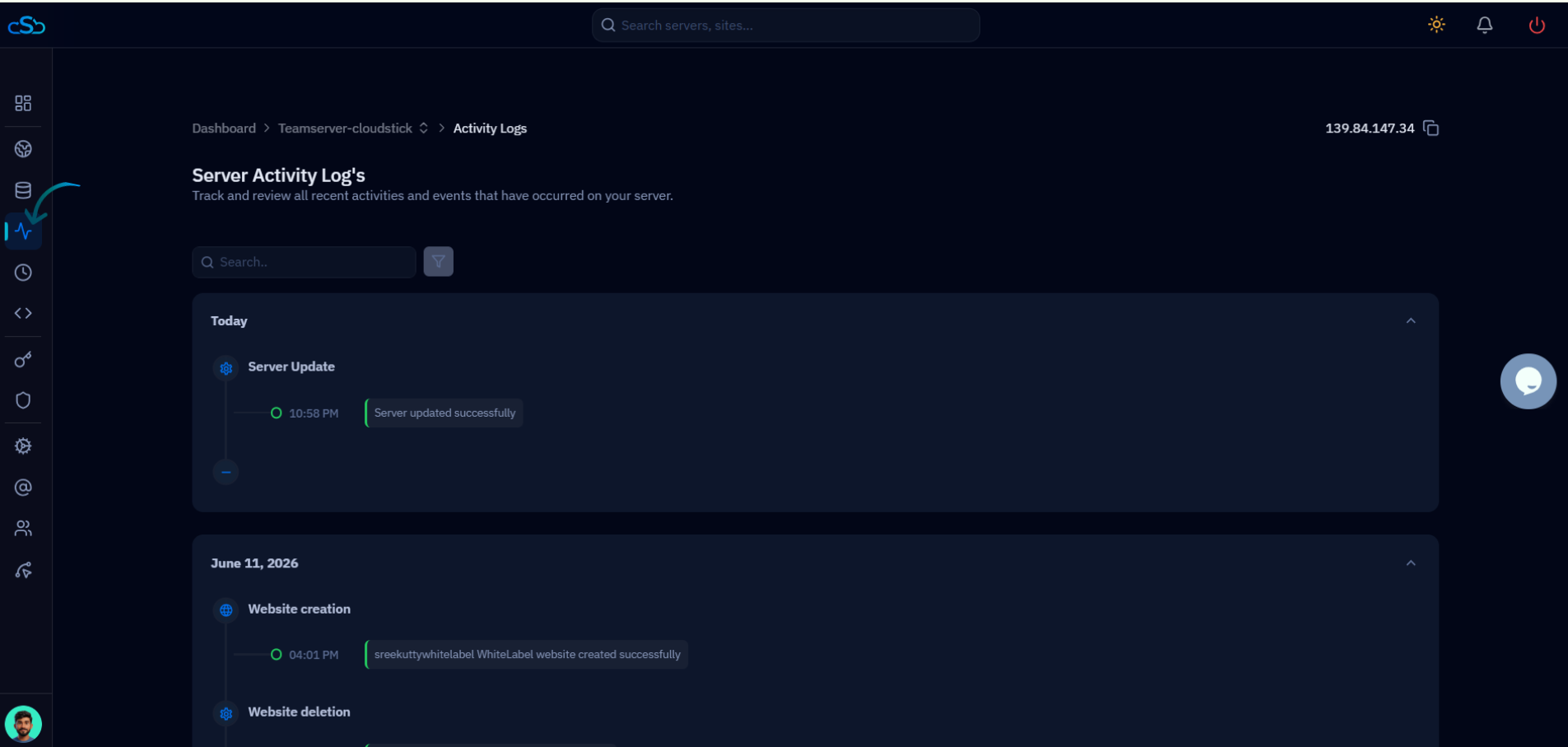 Fig. 02 — Server Activity Log's page showing events grouped by date, opened from the Activity Logs icon in the left navigation.