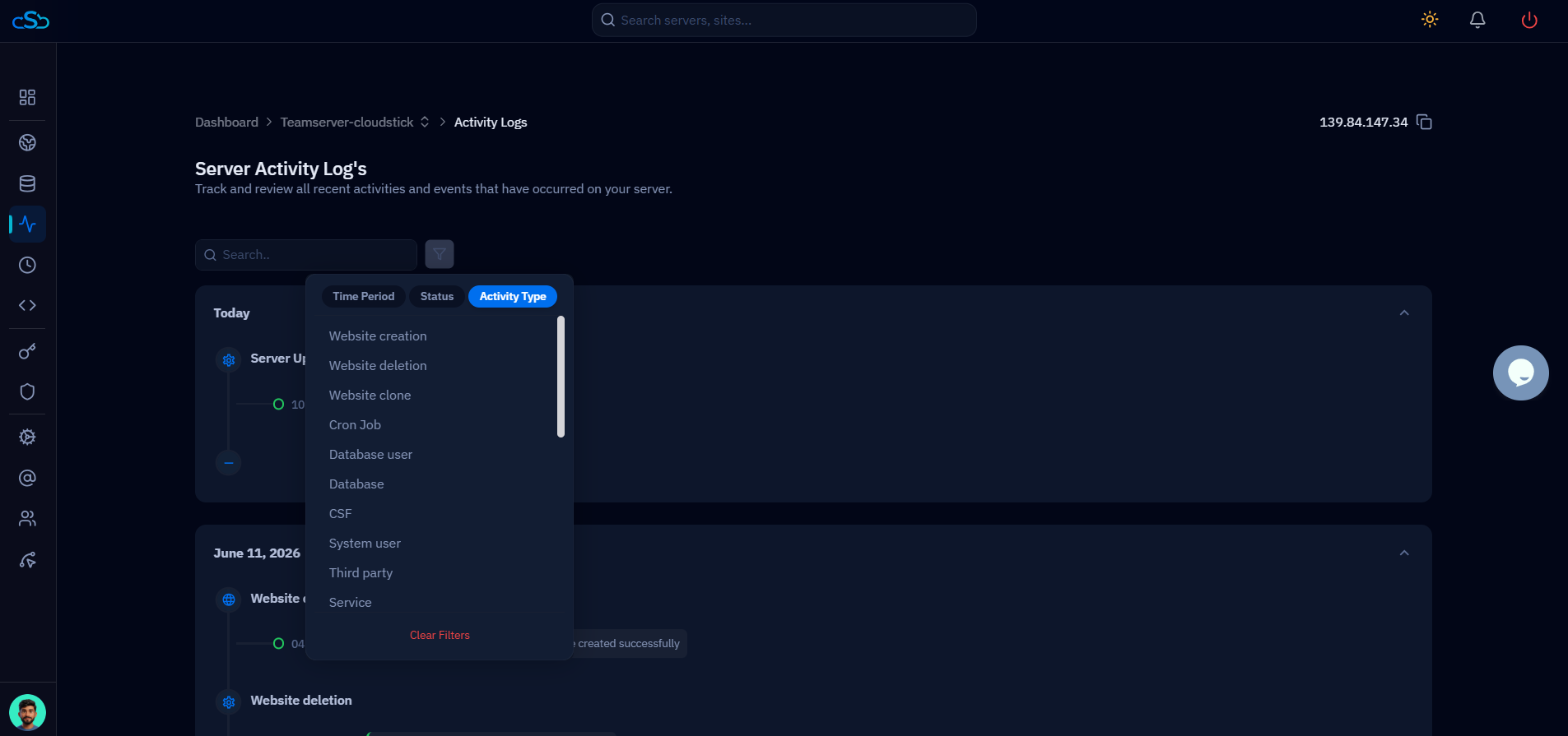 Fig. 04 — The Activity Type tab listing the categories of server events you can filter by.