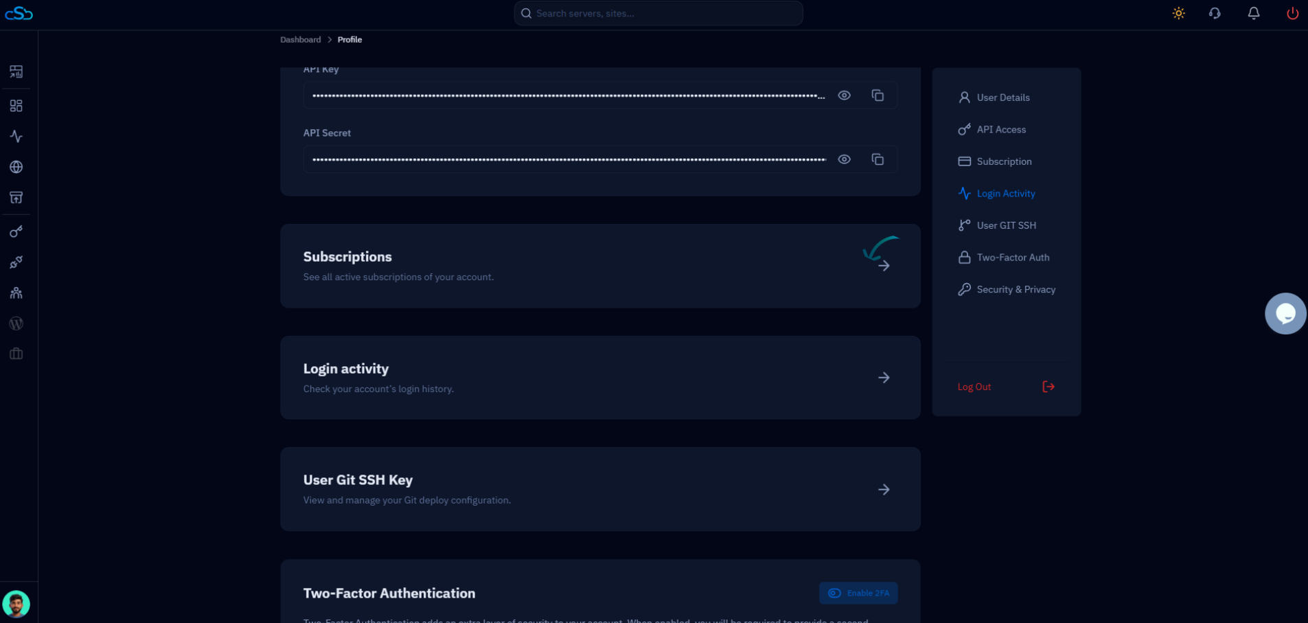Fig. 05 — The Profile page, where Login Activity records your CloudStick account's sign-in history, complementing the server activity logs.