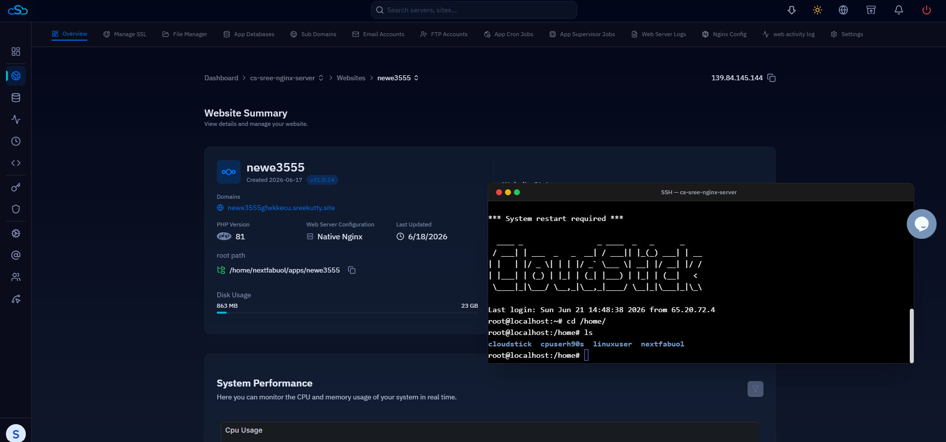 Fig. 04 — The terminal minimized to the corner of the screen while you continue managing the server.