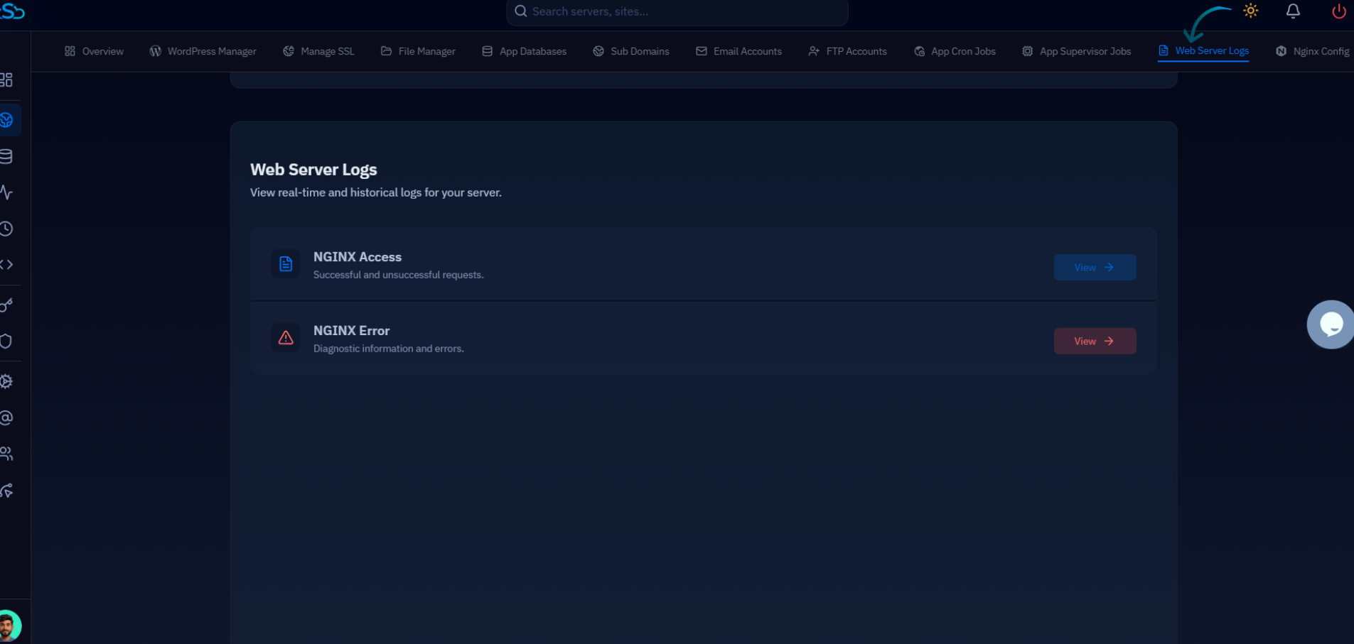 Fig. 04 — Web Server Logs tab showing NGINX Access and NGINX Error log options, each with a View button to open the respective log stream.