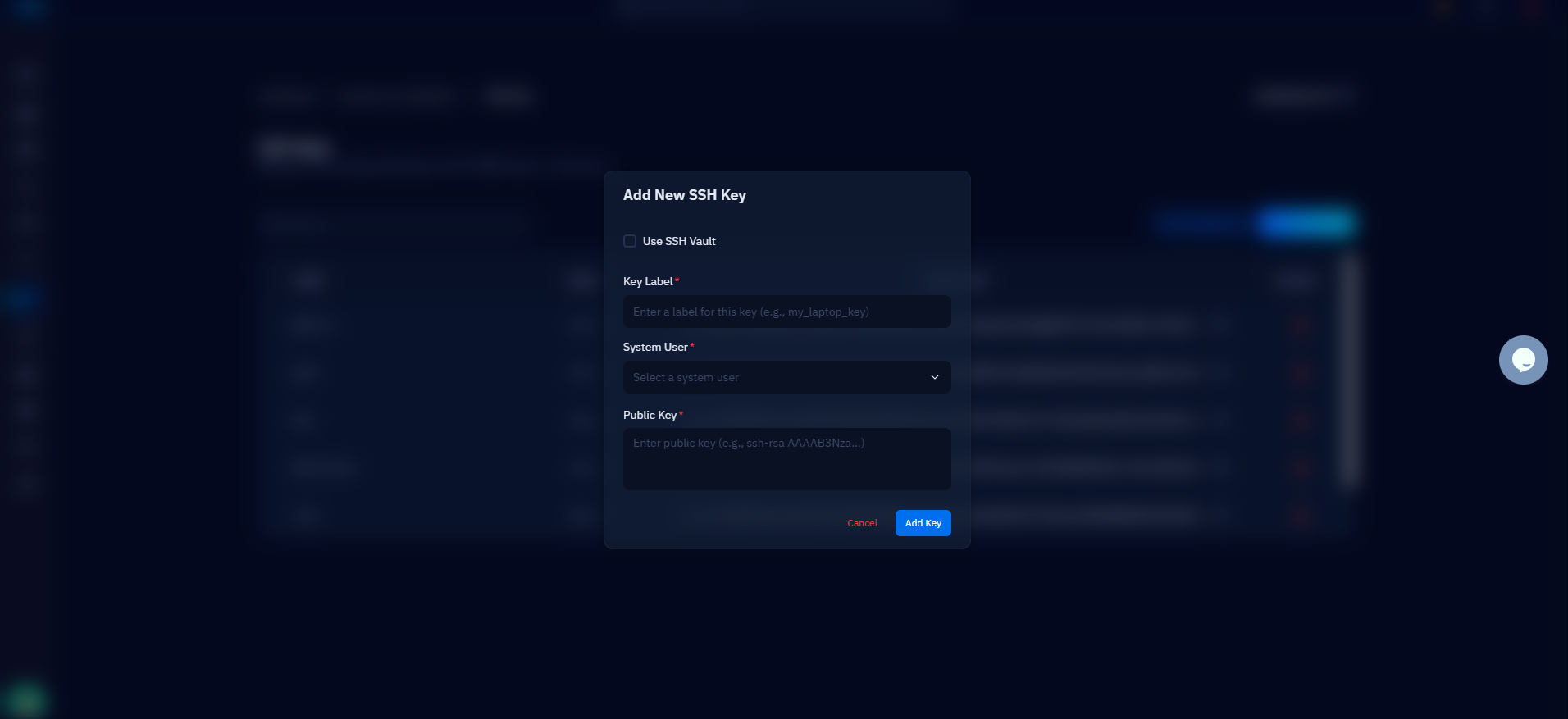 Fig. 04 — The Add New SSH Key form with the Key Label, System User, and Public Key fields.