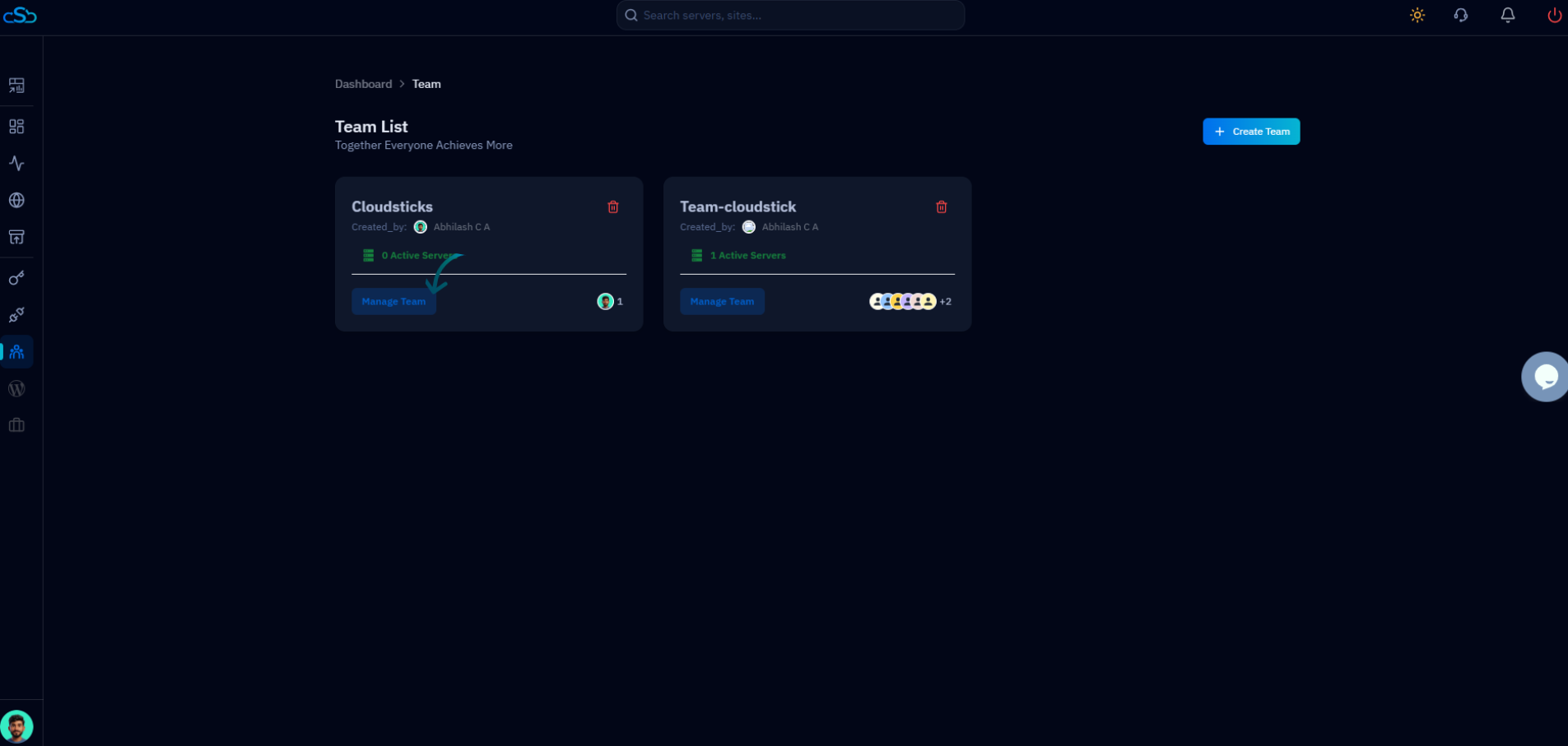 CloudStick Team List showing teams with active servers, members, and Manage Team actions