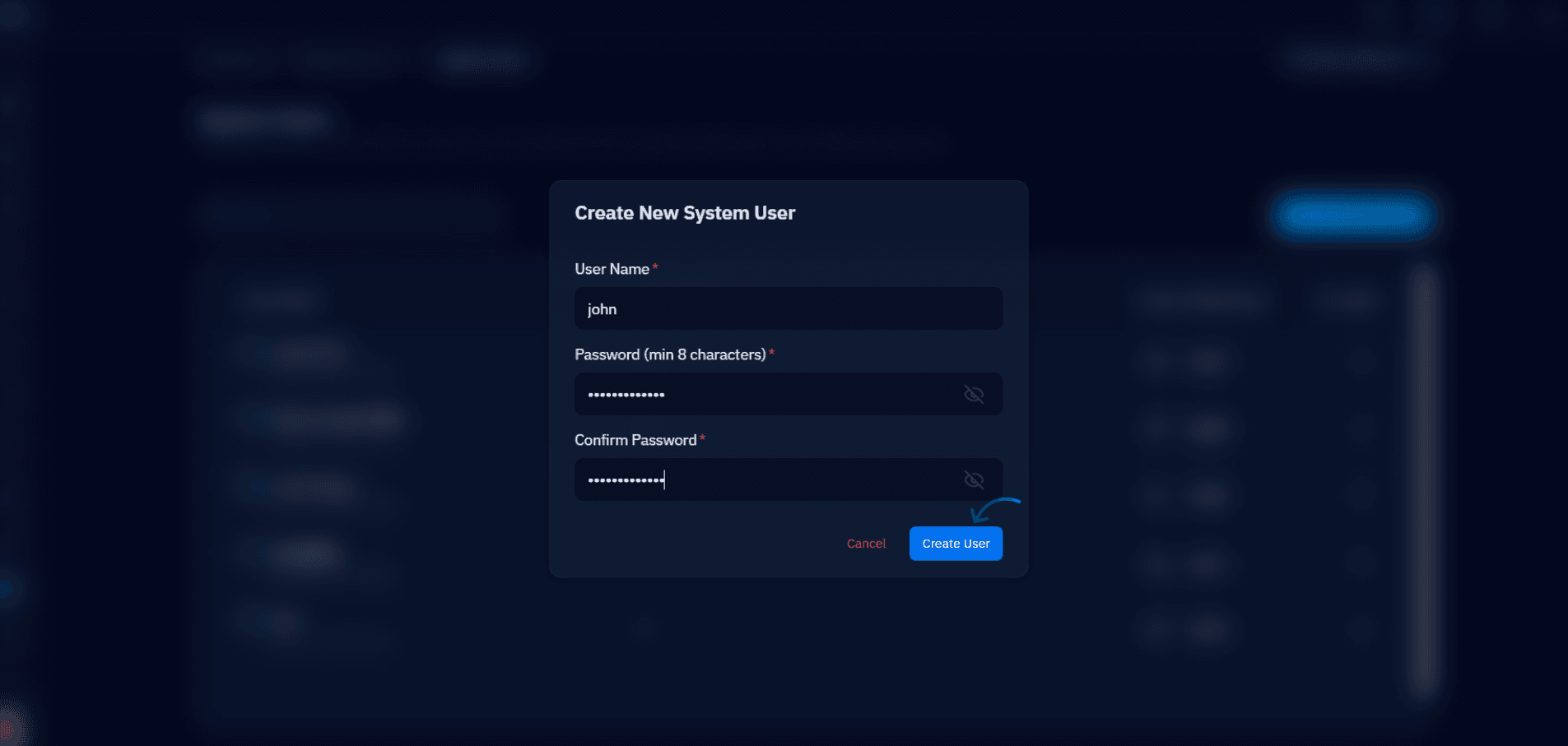 Fig. 03 — Create New System User modal with username, password, and confirm password fields.