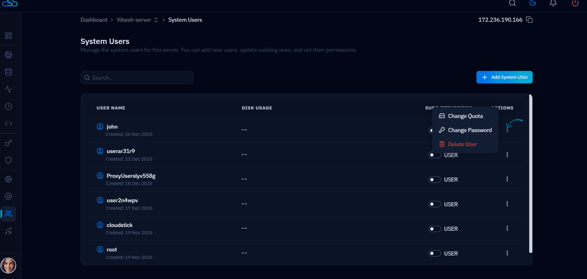 Fig. 04 — Actions menu expanded for a system user showing Change Quota, Change Password, and Delete User options.