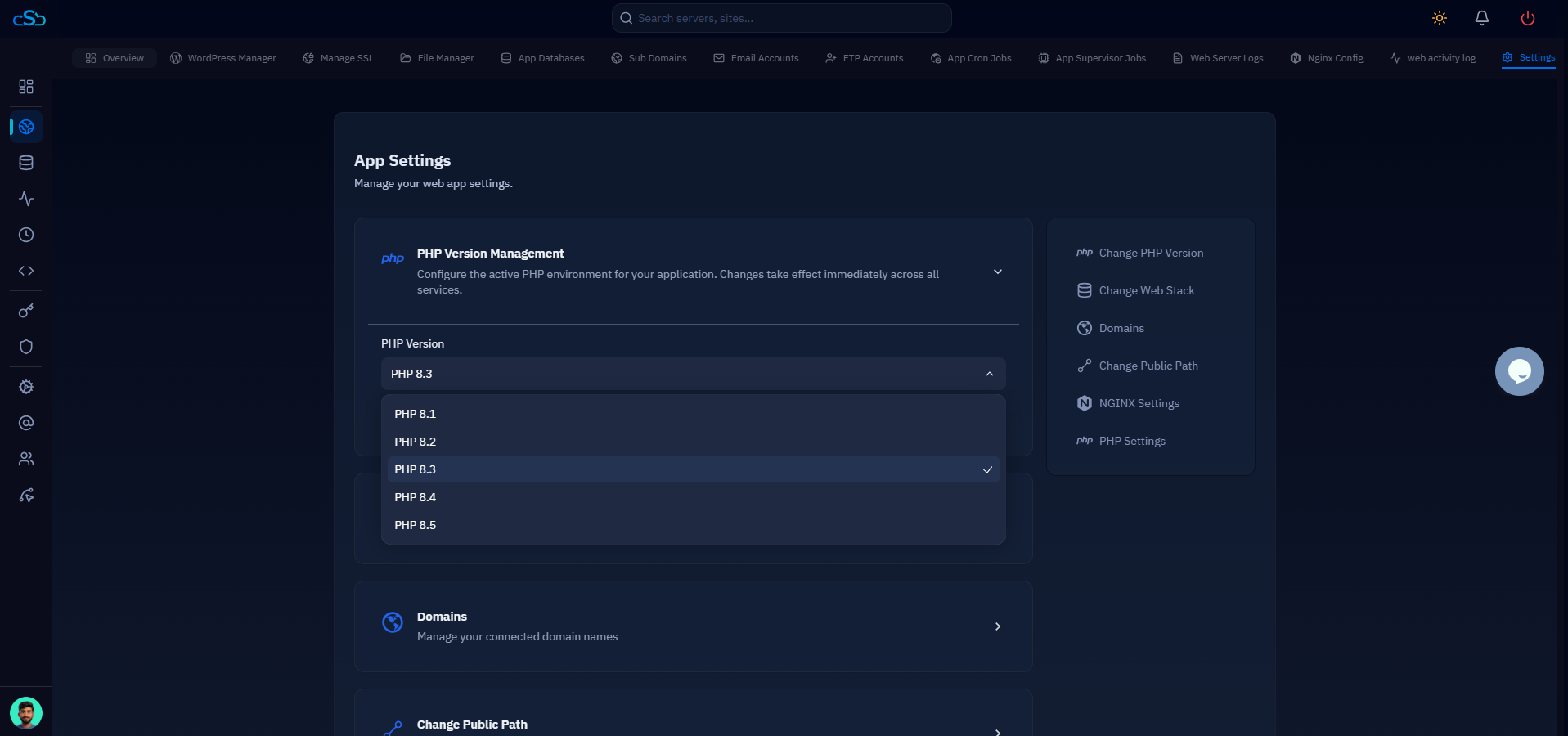 Fig. 03 — PHP Version dropdown open with available versions listed for selection.