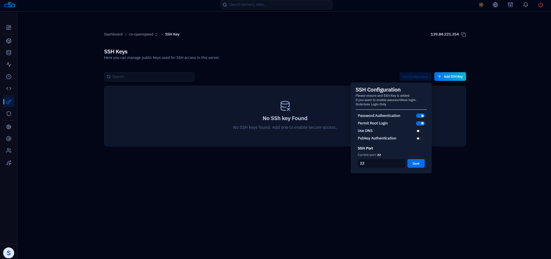 Fig. 04 — SSH Configuration panel with the SSH Port field and Save button.