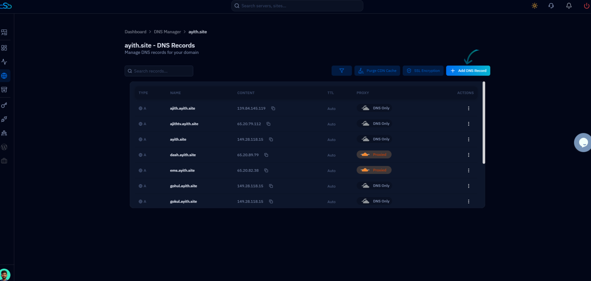 Fig. 03 — Domain DNS records page with the + Add DNS Record button highlighted in the top-right corner.