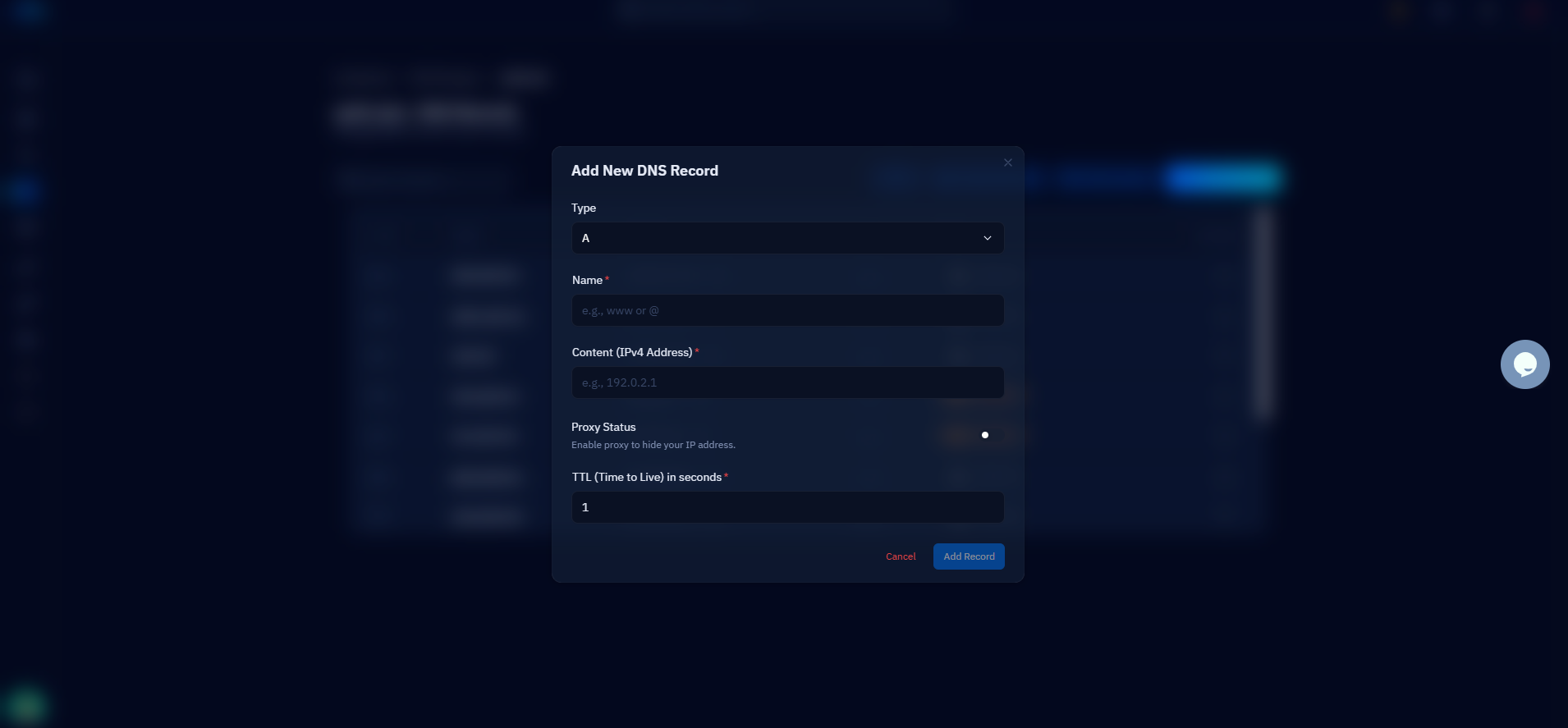 Fig. 04 — Add New DNS Record modal with Type, Name, Content, Proxy Status, and TTL fields.