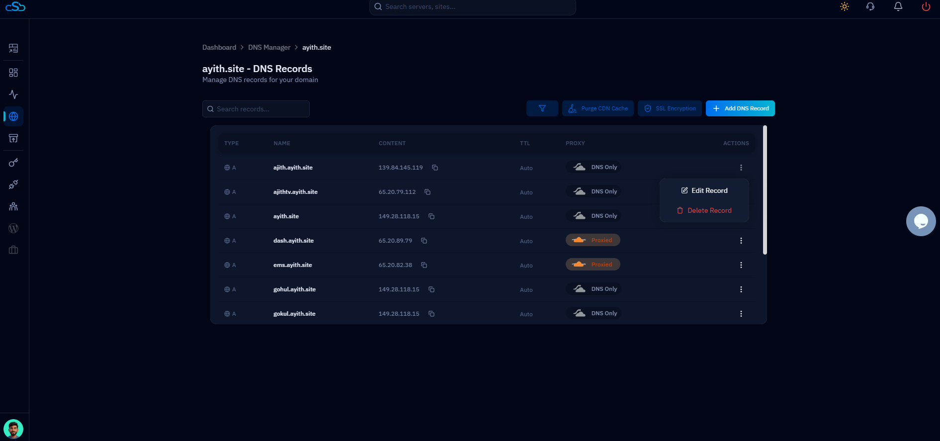 Fig. 05 — DNS records list showing the Actions menu with Edit Record and Delete Record options.