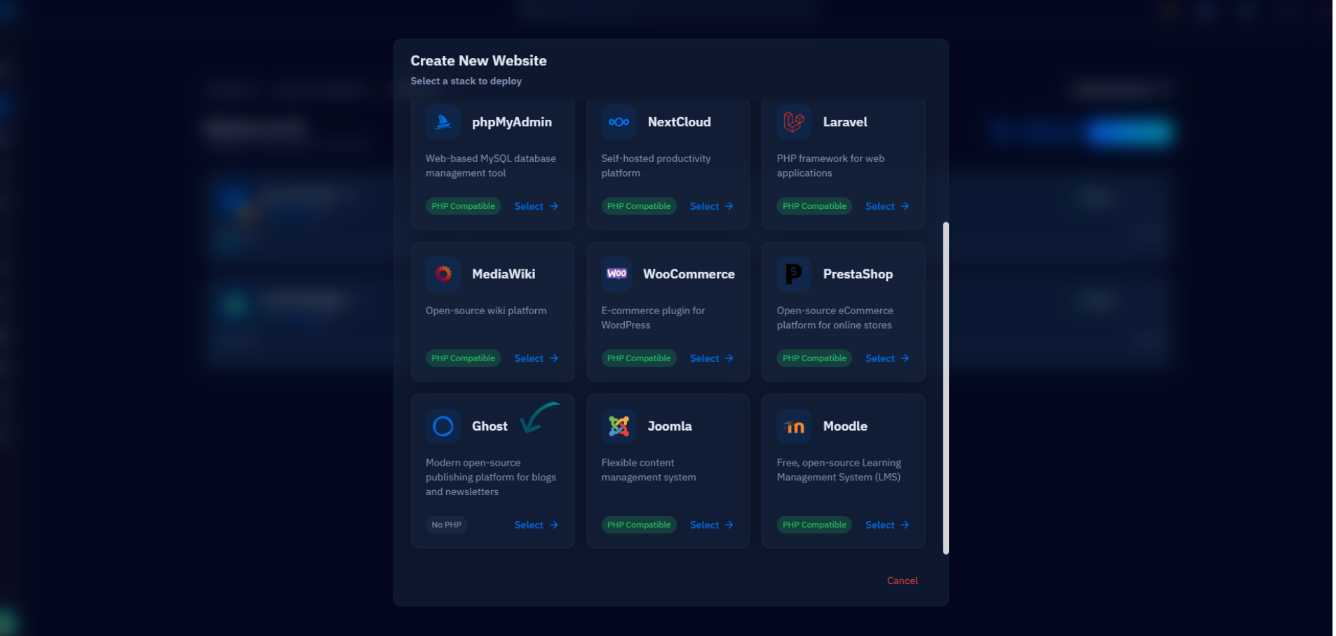 Fig. 04 — Create New Website dialog with the Ghost stack highlighted among the available application types.