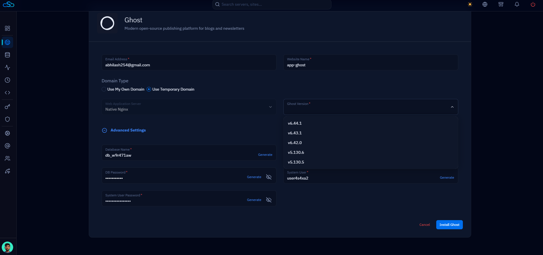 Fig. 05 — Ghost creation form showing Email Address, Website Name, Domain Type, Ghost Version dropdown, and Advanced Settings.