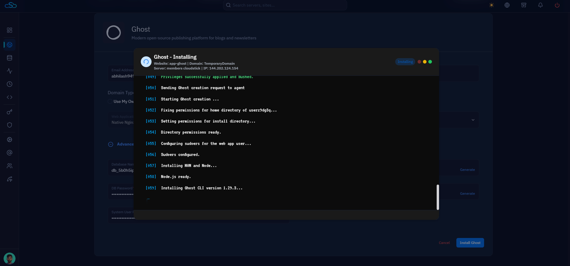 Fig. 06 — Live installation logs showing Node.js setup and the Ghost CLI being installed in real time.