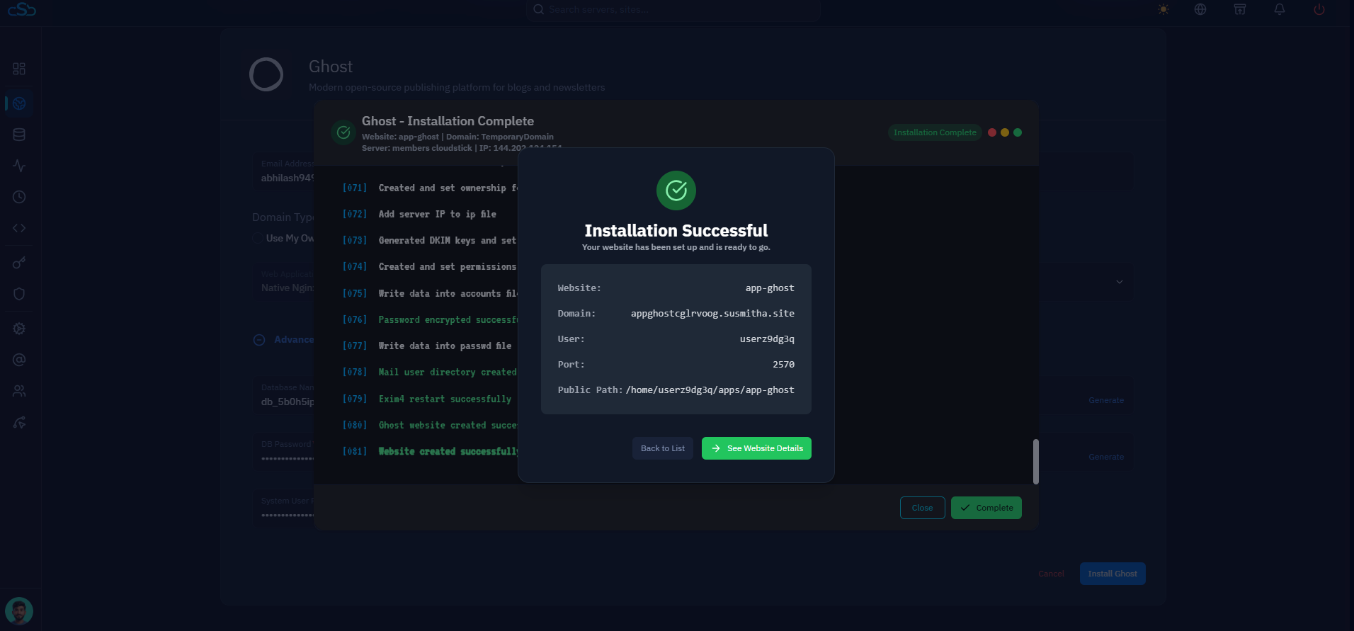 Fig. 07 — Installation Successful dialog showing the new Ghost site's domain, system user, port, and public path.