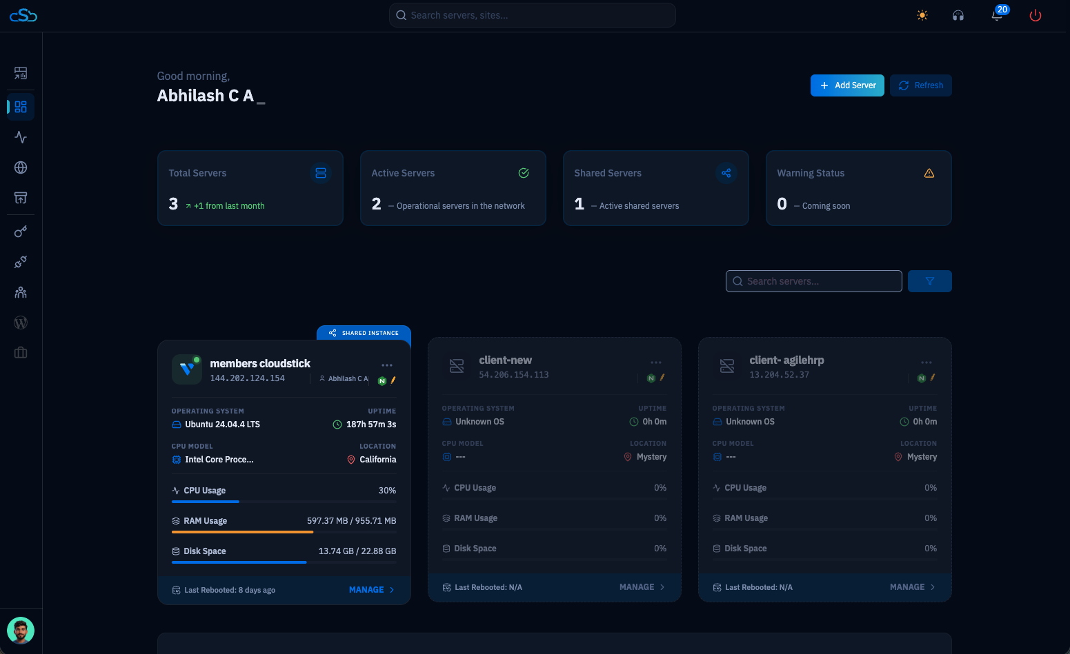 Fig. 01 — CloudStick dashboard listing all connected servers; click Manage on the server running your application.