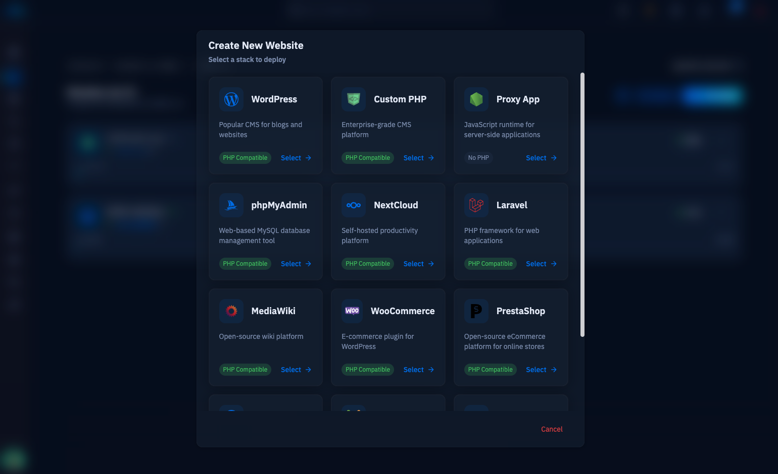 Fig. 04 — Create New Website dialog; click Select on the Proxy App card to configure a reverse-proxy site.