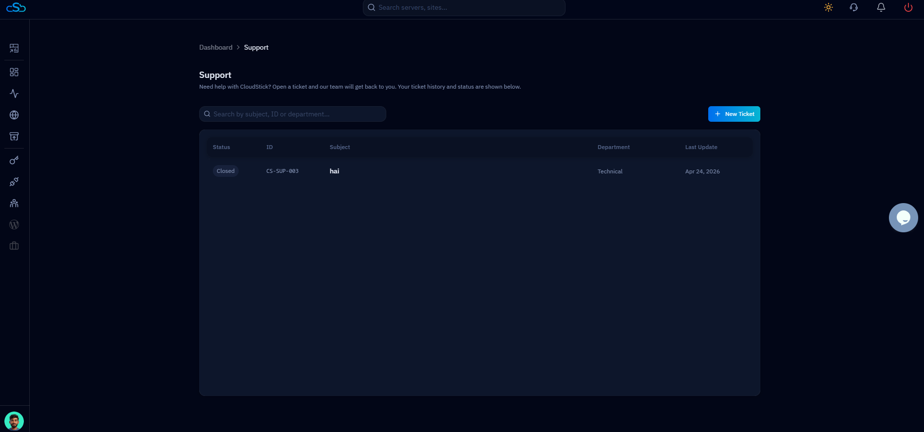Fig. 03 — The Support Center page showing existing ticket history and the "+ New Ticket" button.