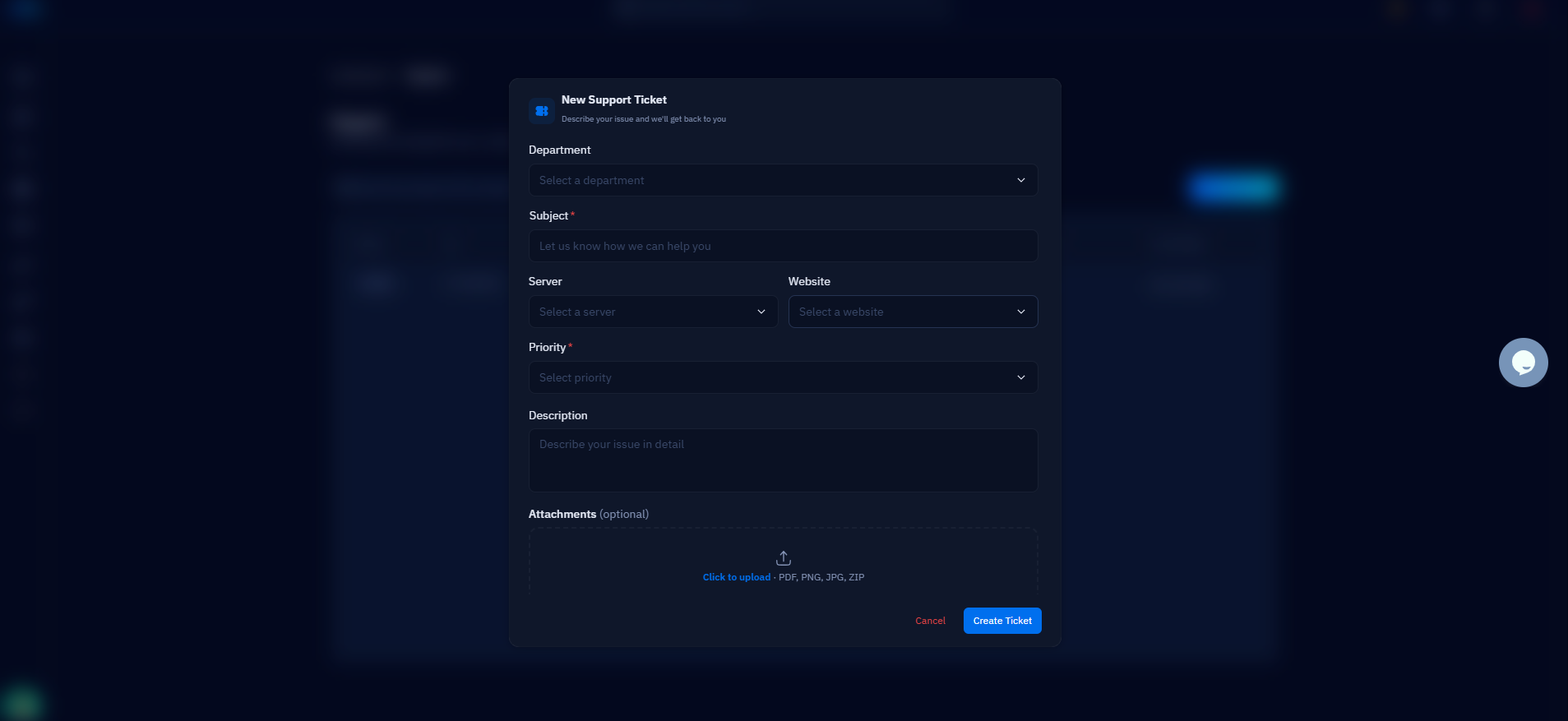 Fig. 04 — The New Support Ticket form showing all fields: Department, Subject, Server, Website, Priority, Description, and Attachments.