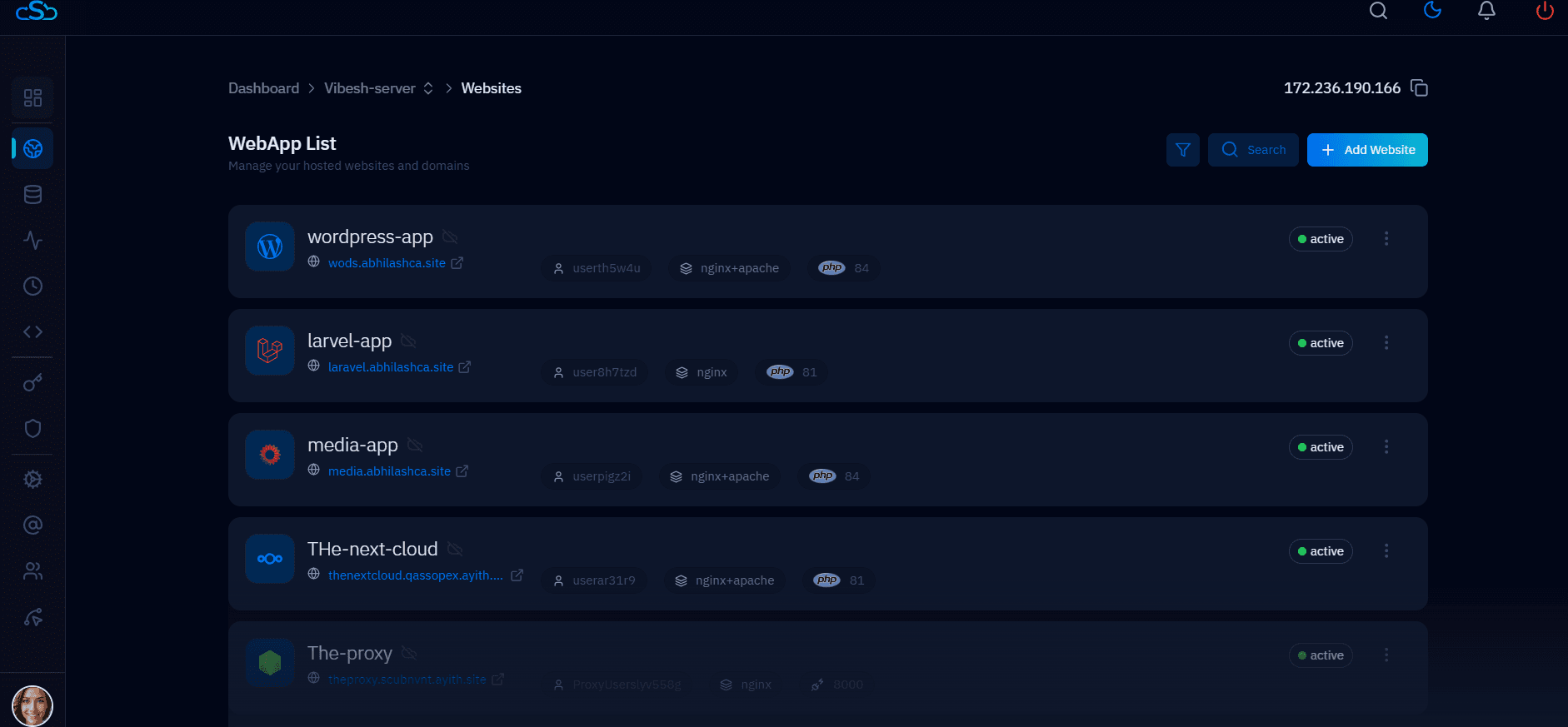 Fig. 03 — The WebApp List; click the website you want to create an FTP account for.