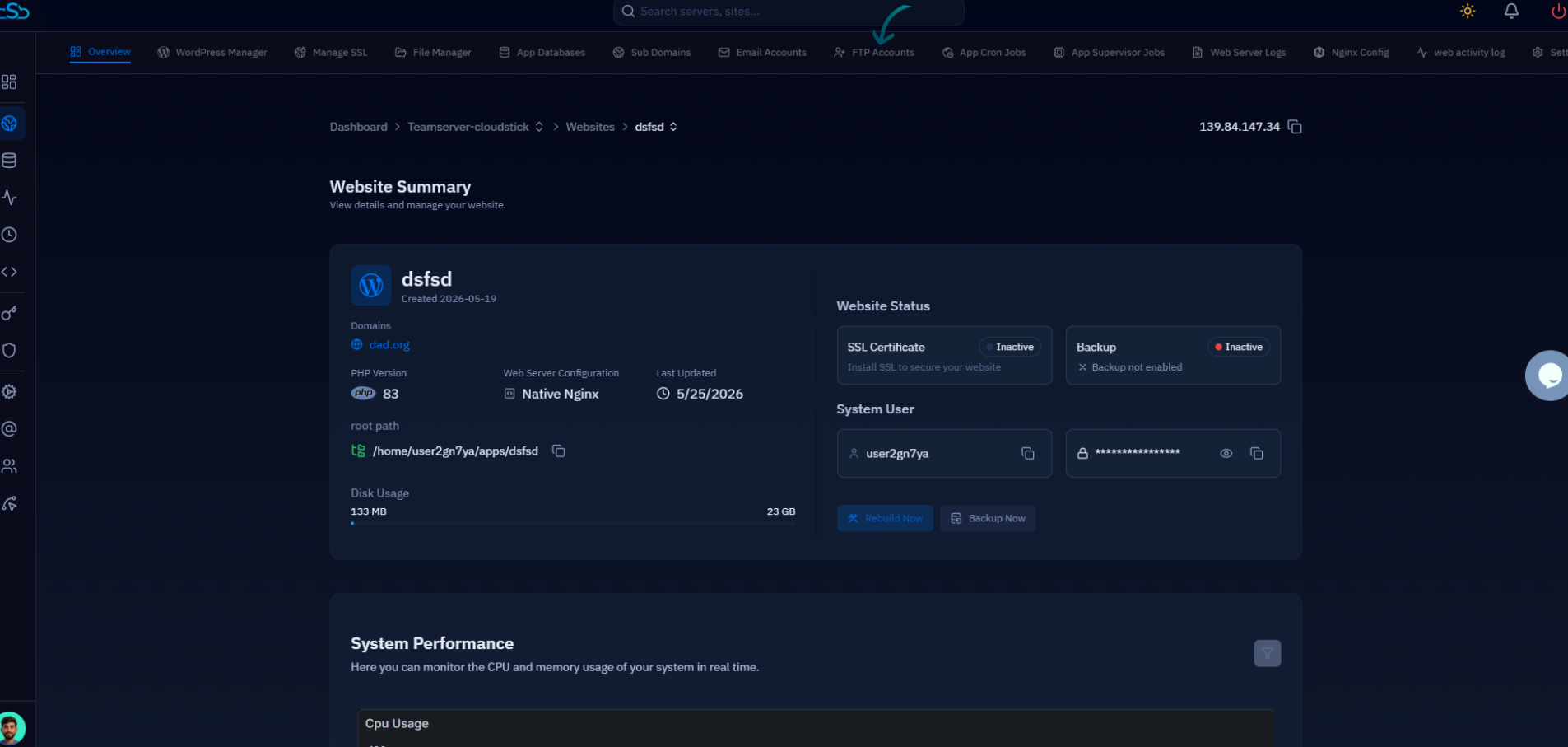 Fig. 04 — The website management page with the FTP Accounts tab in the top navigation.
