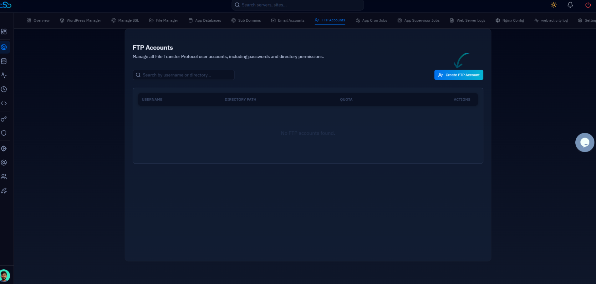 Fig. 05 — The FTP Accounts page with the Create FTP Account button highlighted.