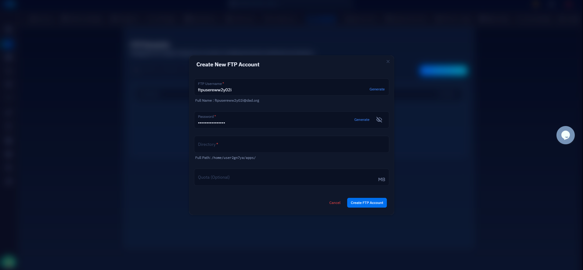 Fig. 06 — The Create New FTP Account form showing the Username, Password, Directory, and optional Quota fields.
