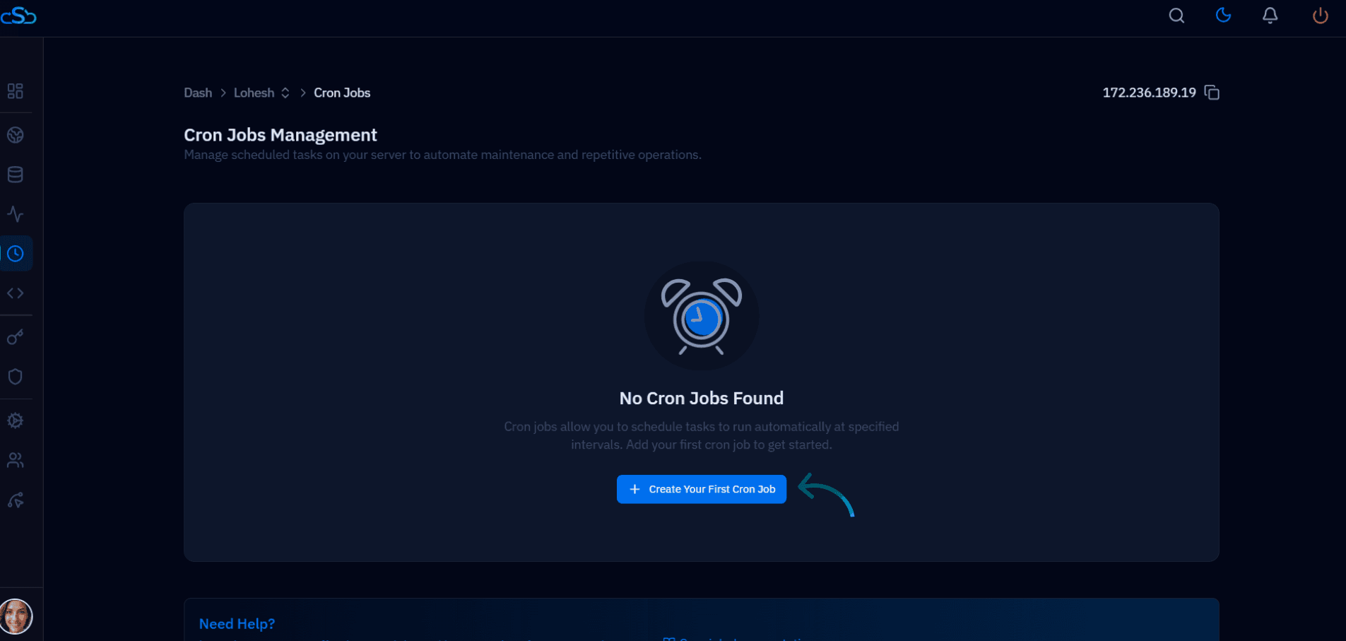 Fig. 02 — Cron Jobs Management page showing the empty state with the '+ Create Your First Cron Job' button.