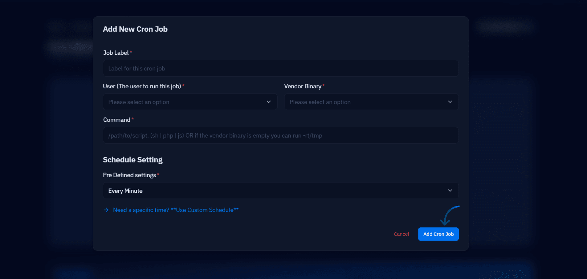 Fig. 03 — Add New Cron Job form showing Job Label, User, Vendor Binary, Command, and Schedule Setting fields.