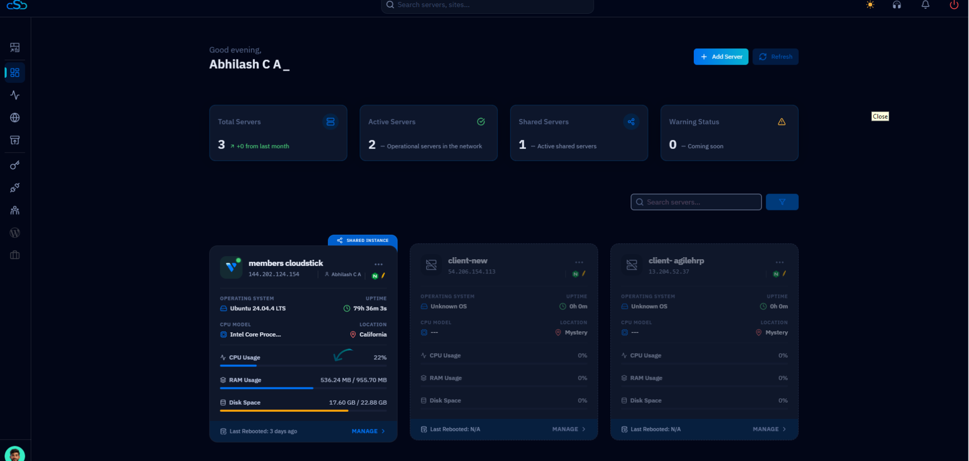 Fig. 01 — The CloudStick dashboard showing connected servers; select the server that hosts your WordPress website.