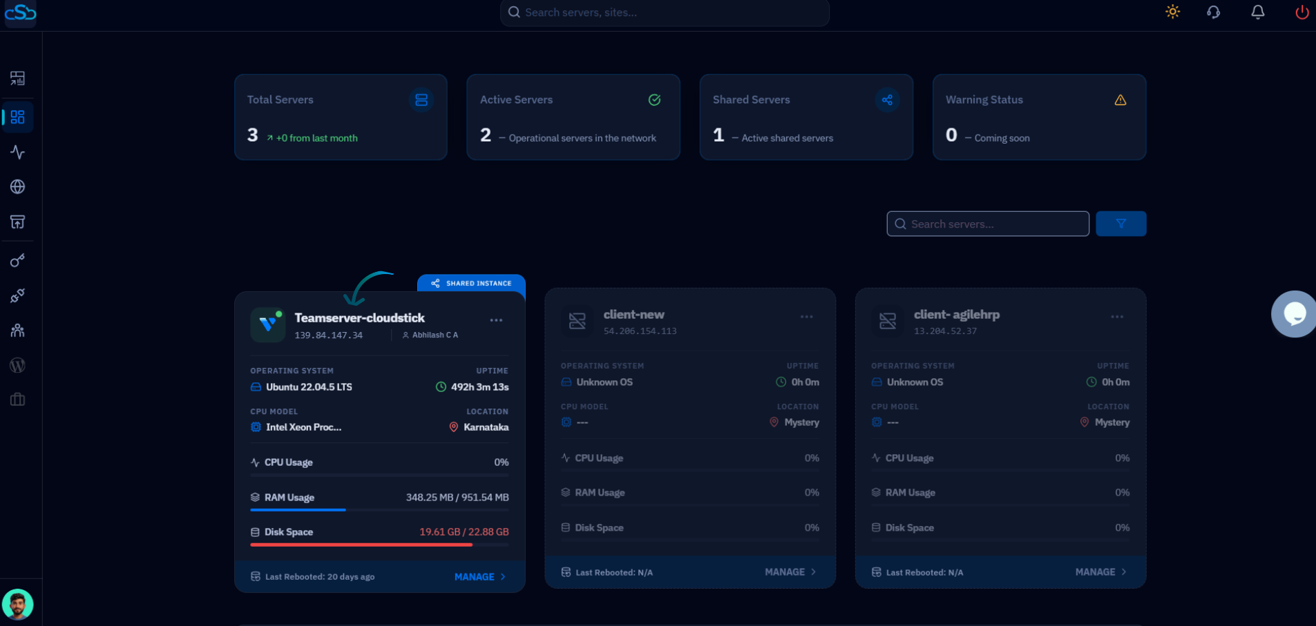 Fig. 01 — The CloudStick dashboard showing connected servers; select the server that hosts your WordPress website.