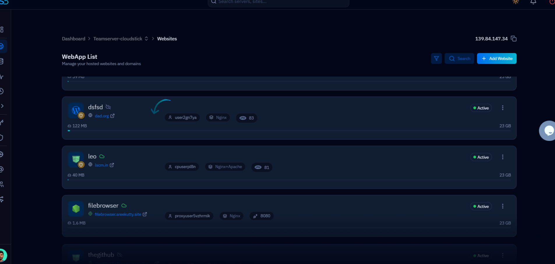 Fig. 02 — The WebApp List showing hosted websites; click the WordPress website you want to debug.