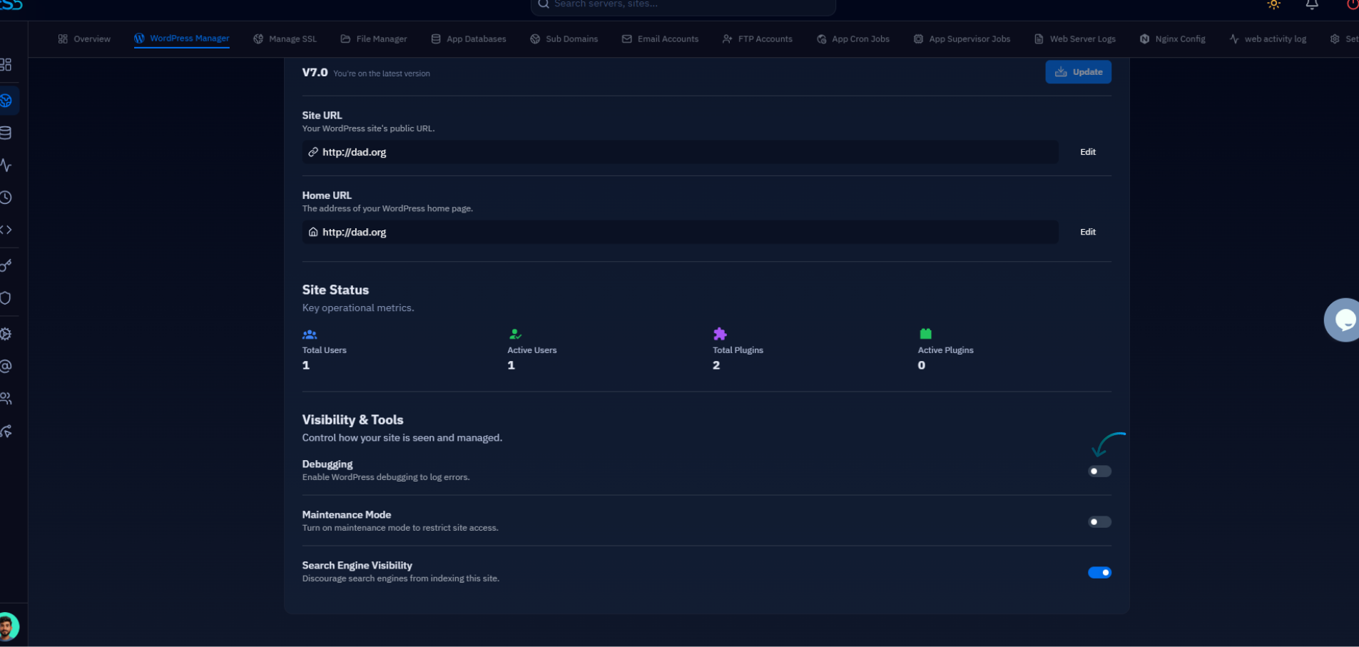 Fig. 04 — The Visibility & Tools area in General settings with the Debugging toggle highlighted.