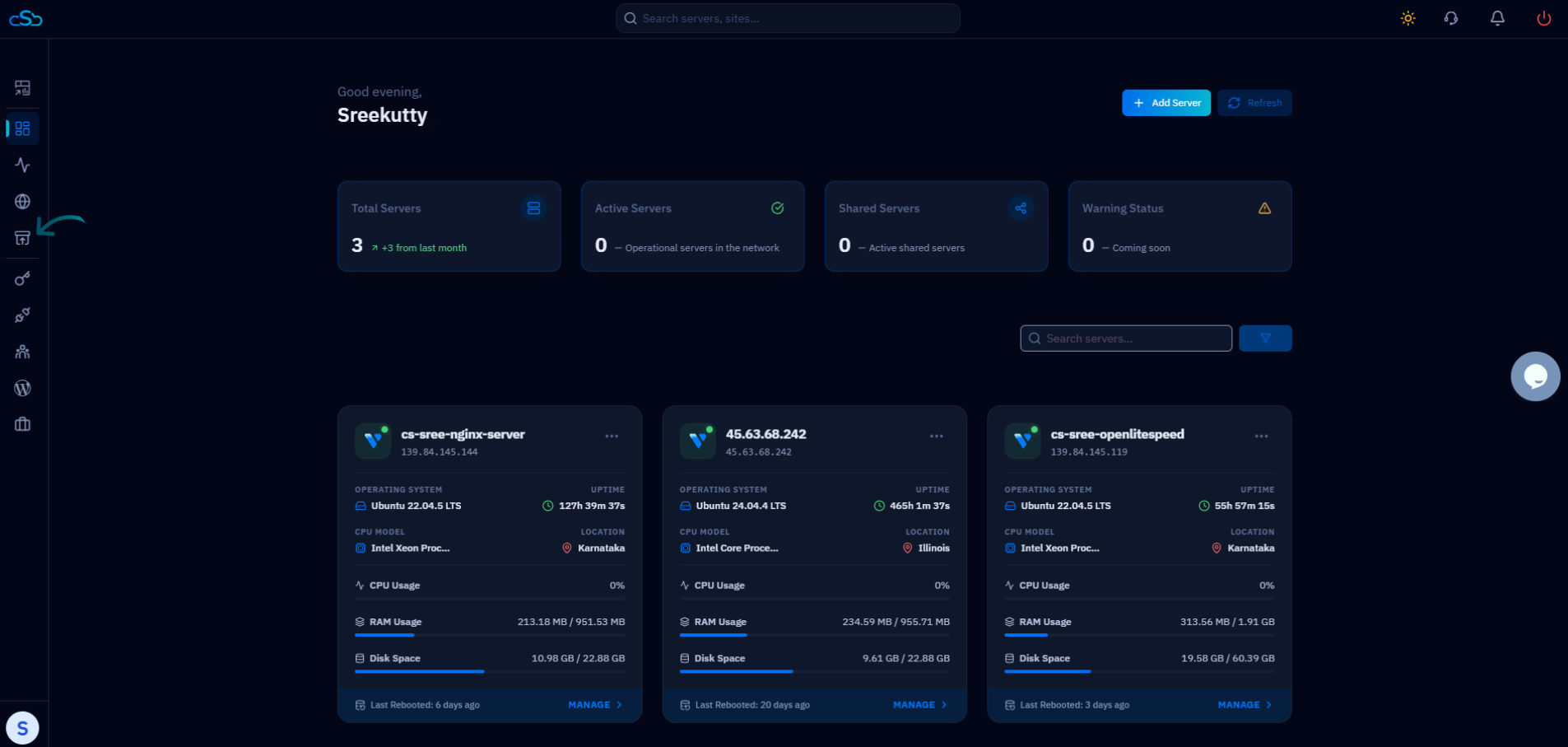 Fig. 01 — The CloudStick dashboard after signing in, listing all connected servers.
