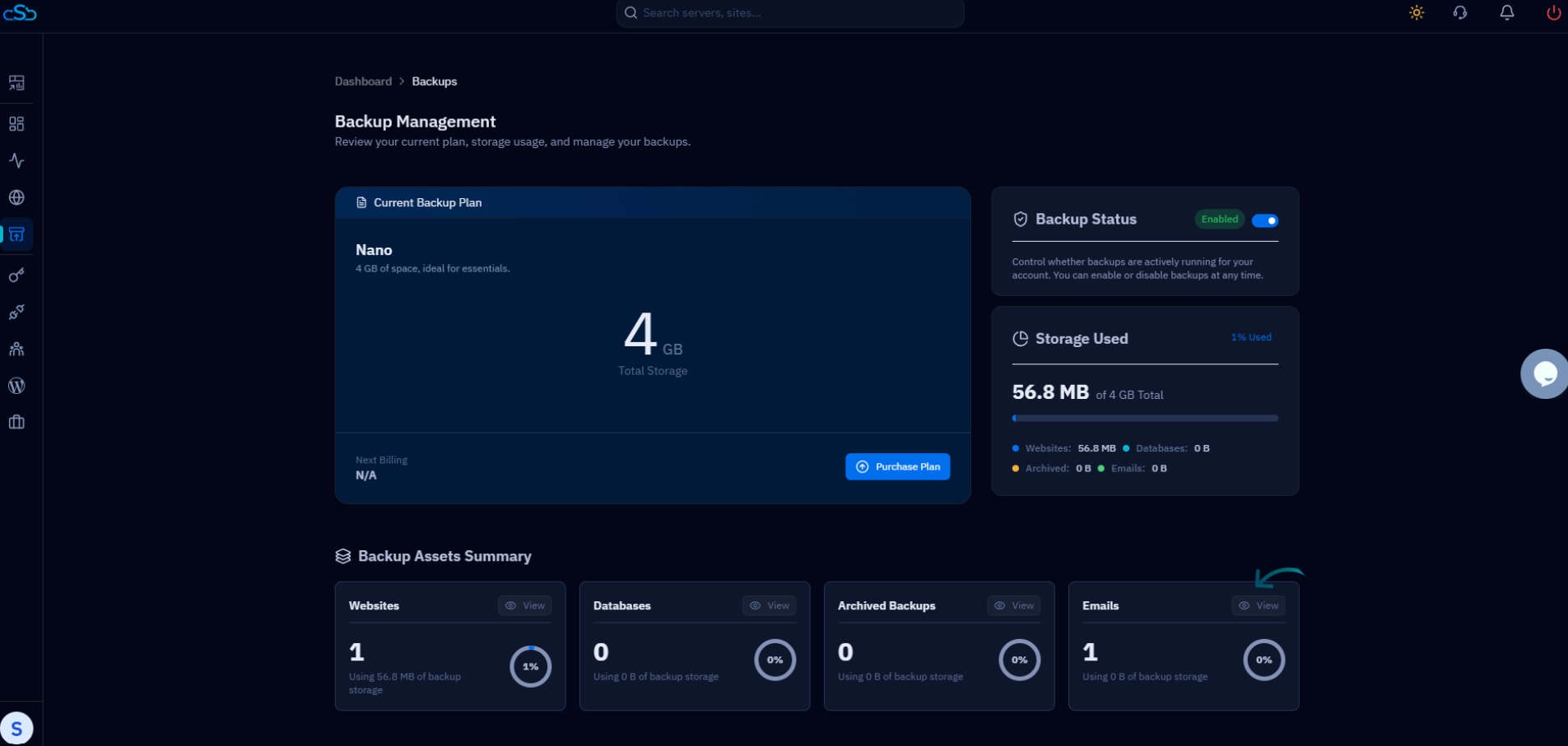 Fig. 02 — The Backup Management page with the current plan, storage usage, and the Emails asset card.