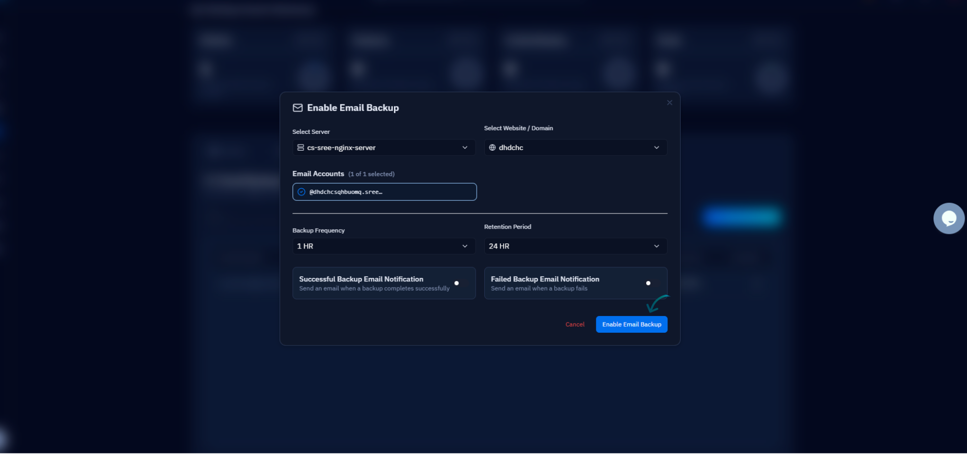 Fig. 04 — The Enable Email Backup dialog with server, website, email accounts, frequency, retention, and notification options.