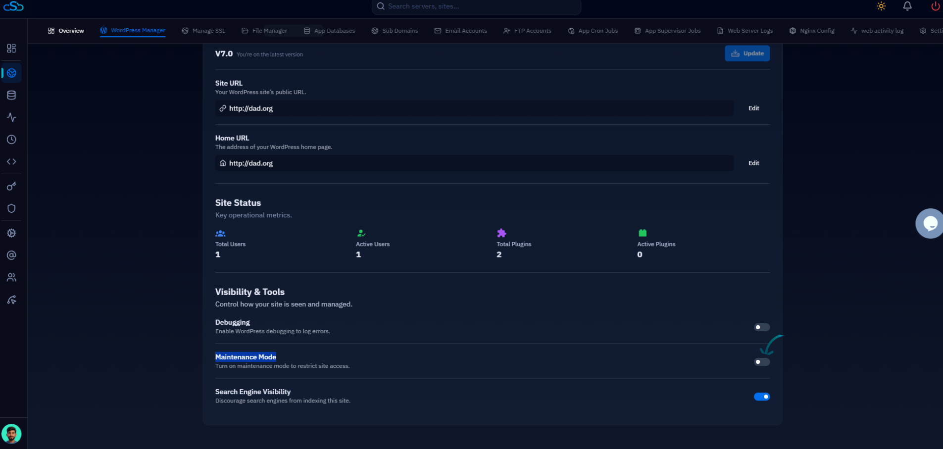 Fig. 04 — The Visibility & Tools area in General settings with the Maintenance Mode toggle highlighted.