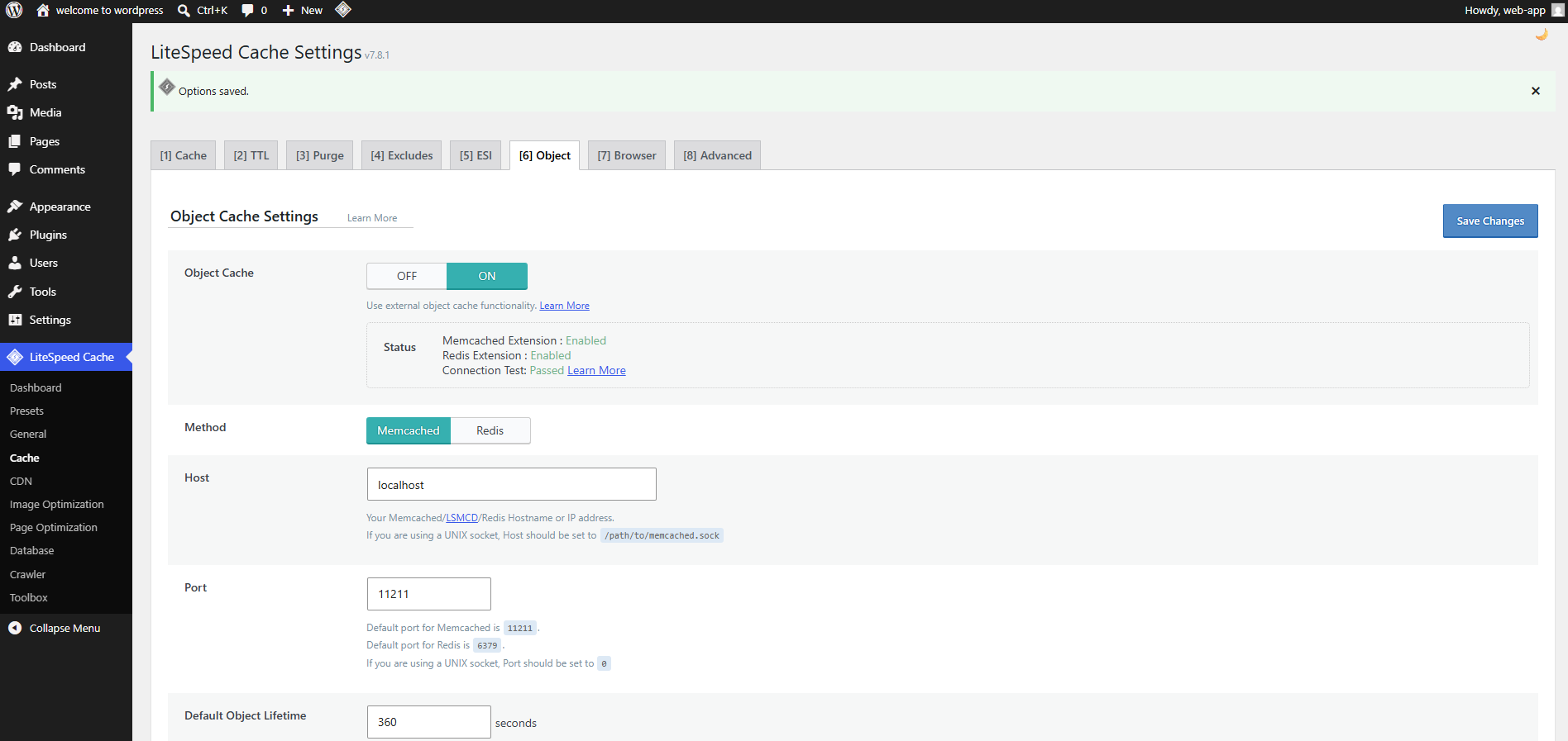 Fig. 10 — LiteSpeed Cache Object settings tab showing Object Cache ON, Method: Memcached, Host: localhost, Port: 11211.