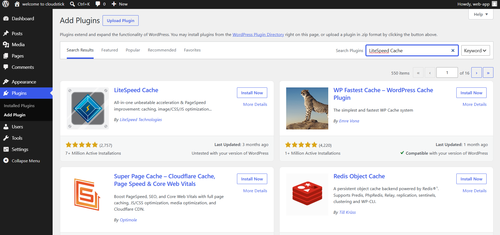 Fig. 08 — The WordPress Add Plugins page with LiteSpeed Cache entered in the search box.