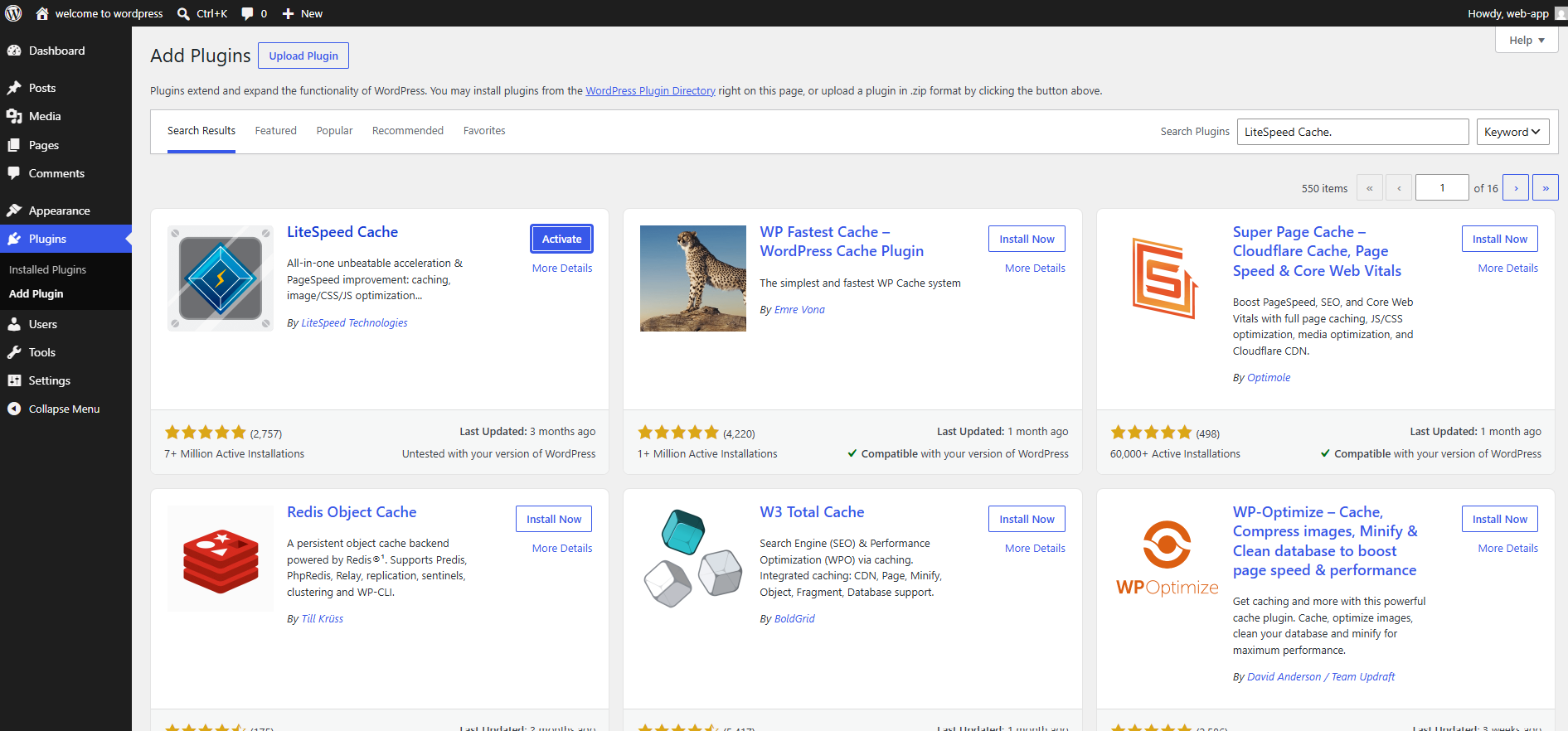 Fig. 09 — The LiteSpeed Cache plugin card in search results showing the Install Now button.