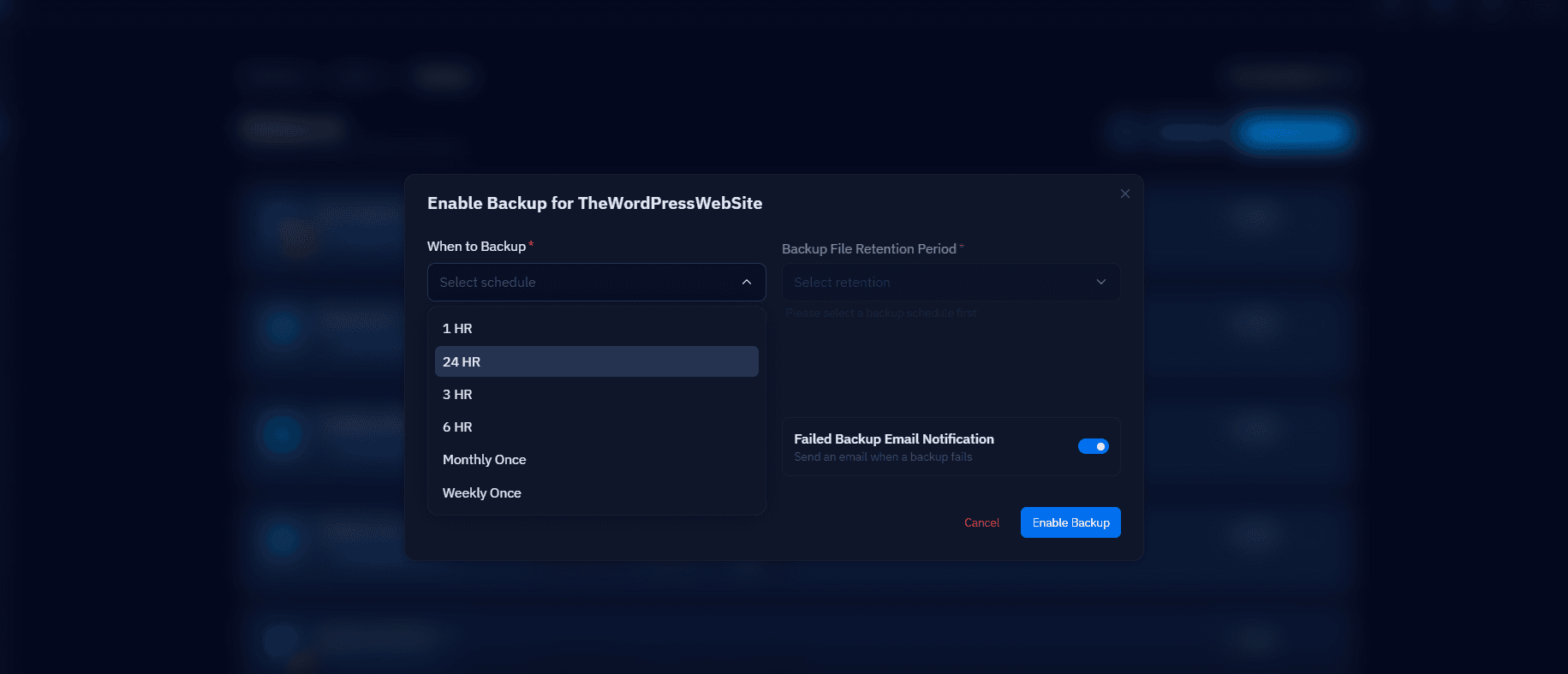 Fig. 02 — Backup configuration panel showing backup type, schedule, and retention settings.