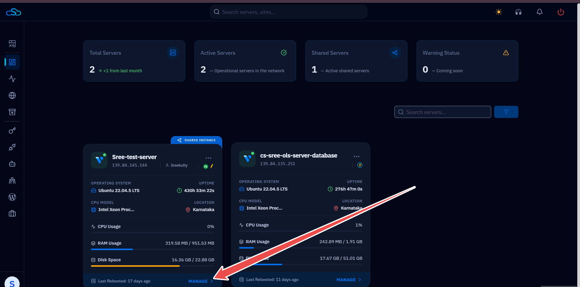Fig. 01 — CloudStick dashboard showing the available servers and the Manage option.